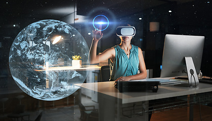 Image showing Global network, planet overlay or woman in virtual reality or vr in 3d ux experience in a dark office. Future, metaverse technology or employee networking with a futuristic digital online innovation