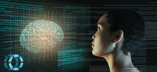 Image showing Screen, code and ai, brain hologram and black woman, programming with future technology. Robot, knowledge and data analysis, IT and software with human mind, neurology and 3D with robotics innovation