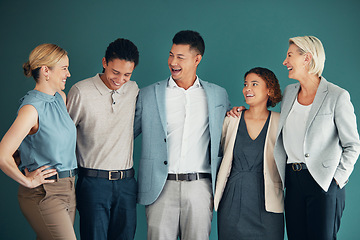 Image showing Business people, team laugh together and corporate group with collaboration, happiness and lawyers on studio background. Employees work at law firm, funny or joke with teamwork and diversity