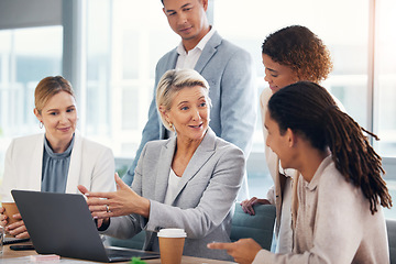 Image showing Teamwork, training and laptop with business people in meeting for collaboration, leadership and coaching. Mentor, planning and technology with group of employee and ceo for learning, vision and idea