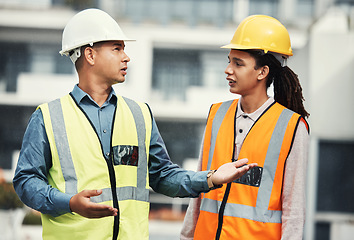 Image showing Teamwork, engineering and planning with people on construction site for project management, building and goals. Designer, collaboration and architecture with contractor for development and industry