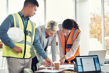 Image showing Engineering, teamwork and meeting with people in office for construction, designer and building. Collaboration, review and planning with group in architecture firm for project management and goal