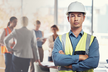 Image showing Portrait, construction worker and leadership with a man engineer standing arms folded in an architecture office. Industrial, manager and building with a male architect working on a design project