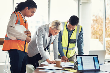 Image showing Engineering, meeting and blueprint with people in office for construction, designer or building. Collaboration, review and teamwork with group in architecture firm for project management and goal