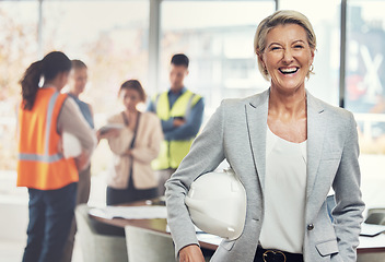 Image showing Portrait, construction worker and leader with an engineer woman at work in her architecture office. Industry, design and building with a ceo architect manager working on a development project