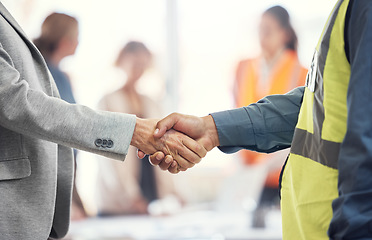 Image showing Teamwork, partnership and engineering with handshake of people in office for architecture, b2b and contract. Deal, meeting and shaking hands with employee for designer, construction and agreement