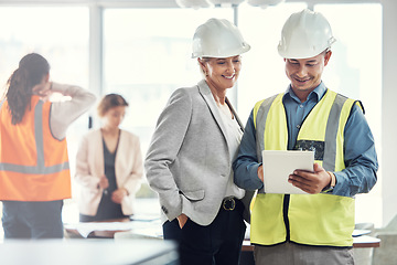 Image showing Man, woman and tablet in office for architecture analysis, construction teamwork or vision. Architect team, contractor or reading for property development, real estate or building project on app ux