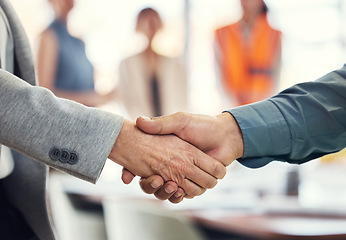 Image showing Teamwork, deal and engineering with handshake of people in office for architecture, b2b and contract. Partnership, meeting and shaking hands with employee for designer, construction and agreement