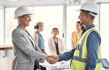 Image showing Collaboration, happy and engineering with handshake of people in office for architecture, b2b or contract. Partnership, meeting and shaking hands with employee for designer, construction or agreement