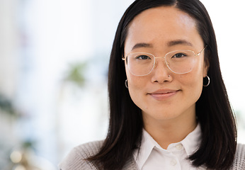 Image showing Business woman, face and portrait and Asian worker with vision and professional mindset. Leadership, corporate lawyer at law firm in Japan with mockup space and growth with career goals