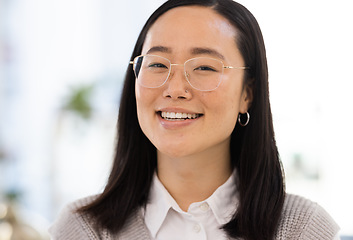 Image showing Business woman, face and portrait with success and smile, Asian worker with professional mindset and career goals. Happy employee, leadership and corporate lawyer at law firm in Japan with growth