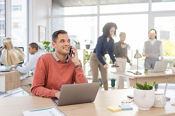Image showing Man, phone call and laptop in office thinking of idea, coworking space and communication. Happy entrepreneur person at advertising agency talking to contact for proposal deal or networking at desk