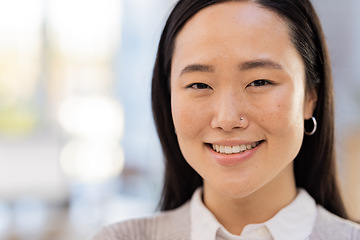 Image showing Asian business woman, face and smile in portrait with success and mockup space, happy person with professional mindset. Leadership, corporate lawyer at law firm in Japan with happiness and confidence