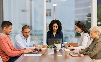 Image showing Team, laptop or business people in meeting planning a group or startup project. Content marketing SEO, black woman or employees in collaboration for our vision, sales strategy or ecommerce goals