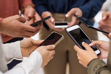 Image showing Hands, phone and networking on mockup screen in collaboration, social media or communication. Hand of group on smartphone for network, share or mobile app sync in circle on technology with display