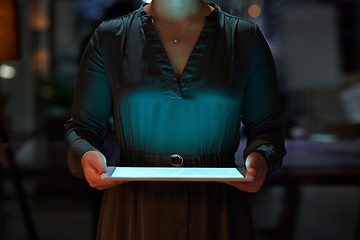 Image showing Overtime, hands of woman with tablet, light and internet search, working late on digital design project. Dark night at office, website designer in creative startup, online market research report.