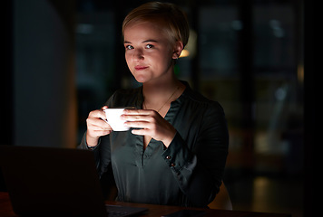 Image showing Coffee, serious and woman in dark office working late night, commitment and dedication with time management. Portrait of businesswoman, overtime and relax on tea break at evening work at startup.