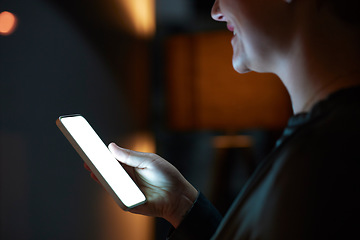 Image showing Woman hand texting, office and night for mockup, smartphone or blank screen for chat app, online dating or reading. Corporate workplace, mock up and young executive for social media, phone or web ui