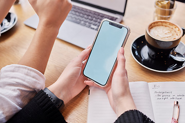 Image showing Search, phone screen and mockup with hands of woman in coffee shop for social media, technology and research. Digital, website and networking app with student in cafe for remote study and contact