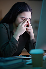 Image showing Woman with headache, working on project at night in office with computer and mental health of corporate business worker. Young overworked person at desk, from late workload and employee burnout