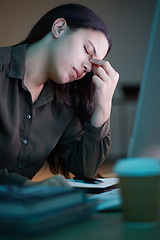 Image showing Frustrated woman, working at night in office with computer and mental health of corporate business worker. Overworked person at desk, tired headache from late workload and employee burnout or stress