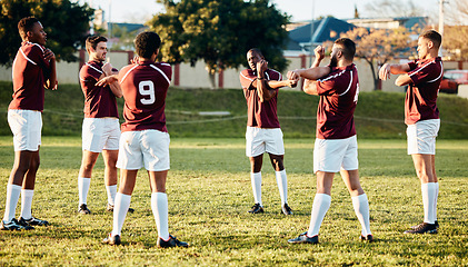 Image showing Rugby, sports and warm up with a team getting ready for training or a competitive game on a field. Fitness, sport and stretching with a man athlete group in preparation of a match outdoor in summer