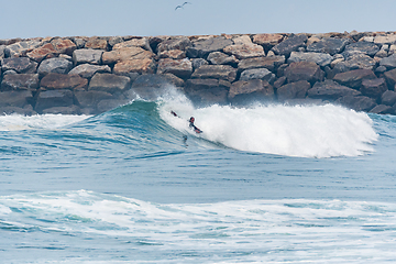 Image showing Bodyboarder surfing ocean wave