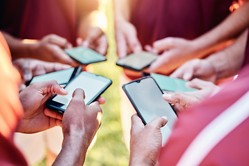 Image showing Hands, phone and networking on mockup for sports collaboration, social media or team communication. Group of football players on smartphone for 5G connection, share or mobile app sync in circle