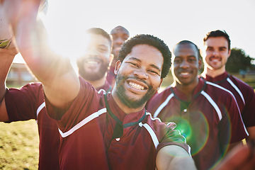 Image showing Portrait, sports and selfie of rugby team on field after exercise, workout or training. Teamwork, fitness and group of friends, men or athletes take pictures or photo for happy memory or social media