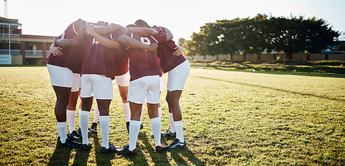 Image showing Men, huddle and team on grass field for sports motivation, coordination or collaboration for goal. Group of sport athletes in fitness training, planning strategy in solidarity and support of game