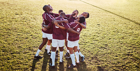 Image showing Sports, field and team in a huddle with motivation, strategy and coordination after training. Fitness, collaboration and group of male athletes in unity before a game or match by a grass stadium.