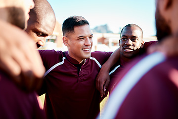 Image showing Support, hug and team in a huddle for sports, motivation and teamwork in a game on a field. Collaboration, love and men with affection, trust and huddling together for sport, competition and strategy