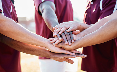 Image showing Hands, sports and collaboration in trust, unity or partnership together in solidarity for motivation. Hand of group in teamwork, coordination or goal or strategy, sport game or win agreement