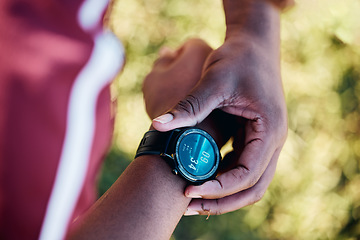 Image showing Hands, smartwatch and fitness, heart rate check and sports, black man outdoor with health and technology. Workout, steps and digital, app and exercise with training, runner or athlete with progress