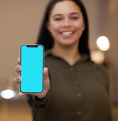 Image showing Phone, business woman or hand with green screen mockup in office for communication, networking or advertising. Space, product placement or girl employee on smartphone for social media or web design