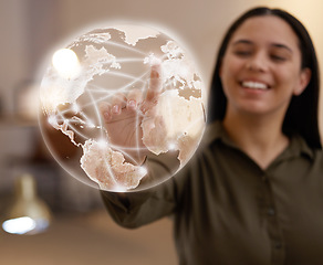 Image showing Hand, woman and earth hologram for global network, information technology or internet communication. Future, ai or globe with girl developer for 3d futuristic model or cloud computing on data app