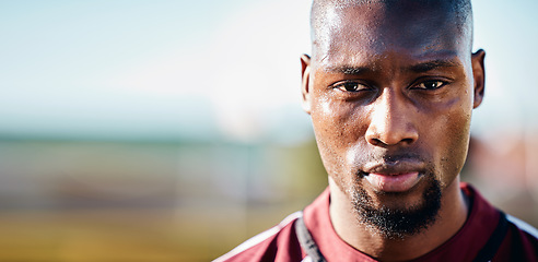 Image showing Black man, athlete and face with focus, sport and fitness outdoor with mockup space, sweat and determined. Portrait, exercise and sports with training, mindset and motivation with workout in Jamaica