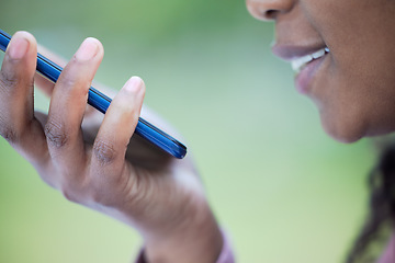 Image showing Voice memo, black woman hand and face zoom outdoor on mobile connection and virtual note record. Online conversation and speaking of a young person listening to audio with a smile from communication