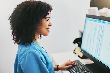 Image showing Nurse, computer and black woman typing for research in healthcare reports or telehealth. Medical, health and happy female doctor with desktop for writing or online consultation in a hospital