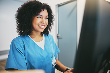 Image showing Computer, nurse and black woman typing research for healthcare reports or telehealth. Medical, health and happy female physician or doctor with desktop for writing or online consultation in hospital