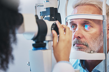 Image showing Ophthalmology, medical and eye exam with old man and consulting for vision, healthcare and glaucoma check. Laser, light and innovation with face of patient and machine for scanning and optometry