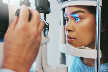 Image showing Ophthalmology, healthcare and eye exam with black woman and consulting for vision, medical and glaucoma check. Laser, light and innovation with face of patient and machine for scanning and optometry