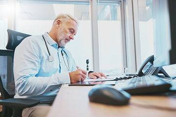 Image showing Research, senior man doctor writing in notebook for healthcare, prescription or medicine checklist in office. Focus, thinking or medical worker for hospital schedule, surgery notes or health planning