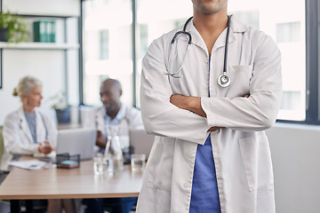 Image showing Leadership, arms crossed and medical with hands of doctor for professional healthcare and surgery in clinic. Wellness, confidence and trust with leader man standing in hospital for expert consulting