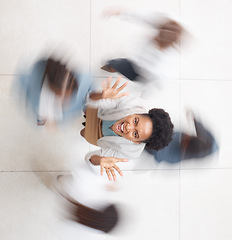 Image showing Top view, black woman and busy office, stress and deadline with new project, leadership and burnout. Fast, African American female employee and manager with hectic schedule, frustration and anxiety