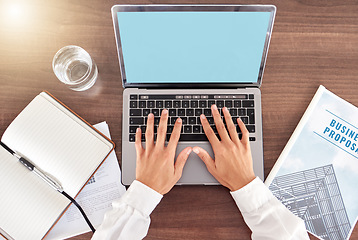 Image showing Mockup, laptop and green screen with hands of person from above for planning, investment and review. Accounting, technology and overhead with employee for growth, savings and payment report in office