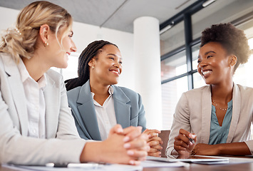 Image showing Business, women and meeting for brainstorming, teamwork and discussion for new project, deadline and schedule. Diversity, female employees and coworkers in workplace, conversation and share ideas