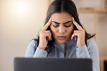 Image showing Headache, stress or business woman in office with laptop for email crisis, financial debt or mental health. Depression, sad or girl employee on tech for work anxiety, audit or burnout from 404 glitch