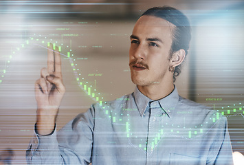Image showing Businessman, statistics overlay and night in office for financial goal, progress or market analysis for future. Man, 3d hologram chart or hands for growth, profit or data analytics for fintech vision