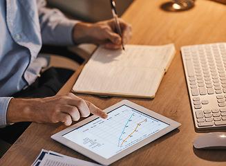 Image showing Chart, planning and tablet with hands of business man for writing, data analytics and profit growth. Review, strategy and economy goal with employee reading digital graph for marketing statistics